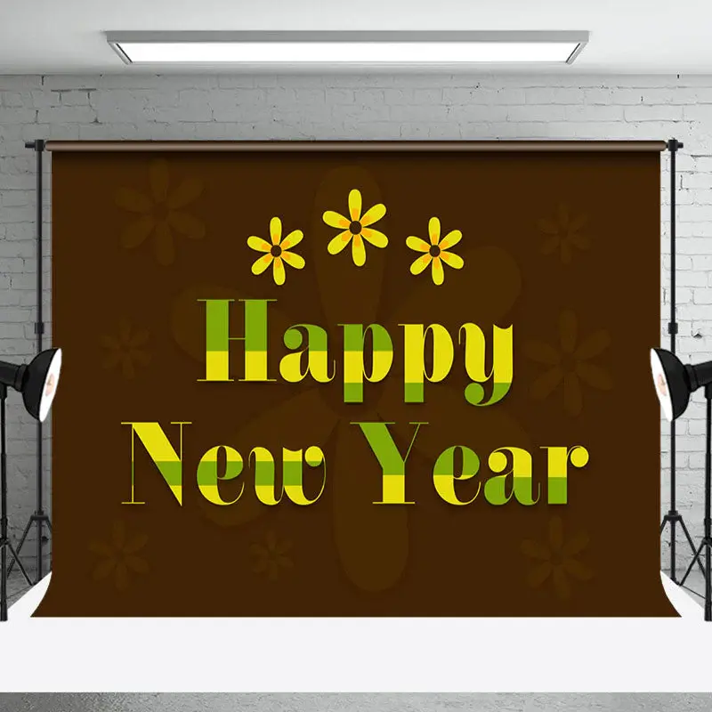 Aperturee Yellow Floral Dark Brown Happy New Year Backdrop - Aperturee