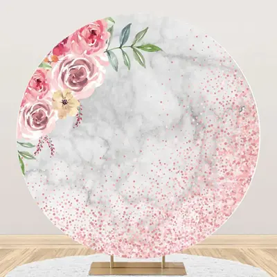 Pink Floral Sequin Marble Round Birthday Backdrop - Aperturee