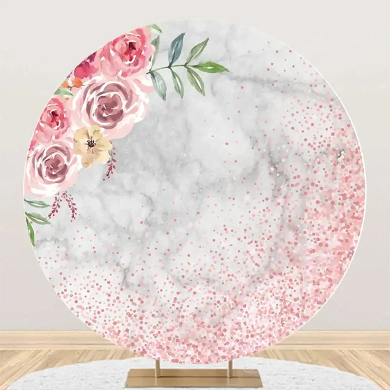 Pink Floral Sequin Marble Round Birthday Backdrop - Aperturee