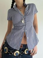 Women's Plaid Print Button Front Shirt, Casual Short Sleeve Collared Blouse for Summer, Ladies Clothing for Daily Wear