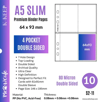 K-KEEP [A5 Slim] 4 Pocket - 63x93mm Double Sided Page. 7 Holes Premium Binder Pages, Double Sleeve Perfect Fit, 100 Micron Th...