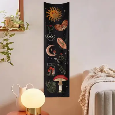 Festival Ornaments, Moon & Sun & Mushroom Print Tapestry, Sweet Furniture Wall Art Decoration Backdrop, Boho Style Wall Hangi...