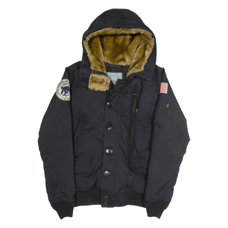 ALPHA INDUSTRIES Mens Flight Jacket Black Hooded XS