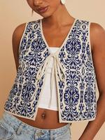 Women's Ethnic Pattern Tie Front Vest, Boho Sleeveless Outerwear for Beach Vacation Holiday, Ladies Clothes for Summer, Women...