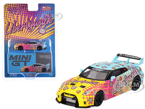 Nissan 35GT-RR Ver.1 LB-Silhouette Works GT Light Blue and Yellow with Graphics LBWK KUMA Limited Edition 1/64 Diecast Mo...