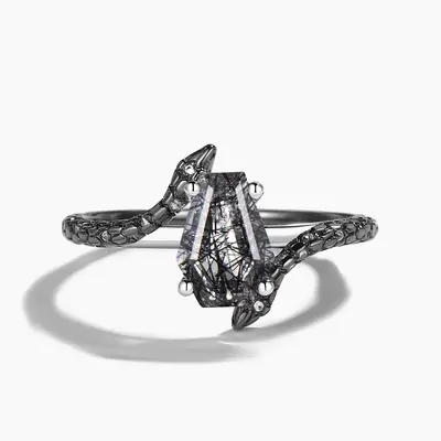 Coffin Cut Natural Black Rutilated Quartz Gothic Snake Wedding Ring