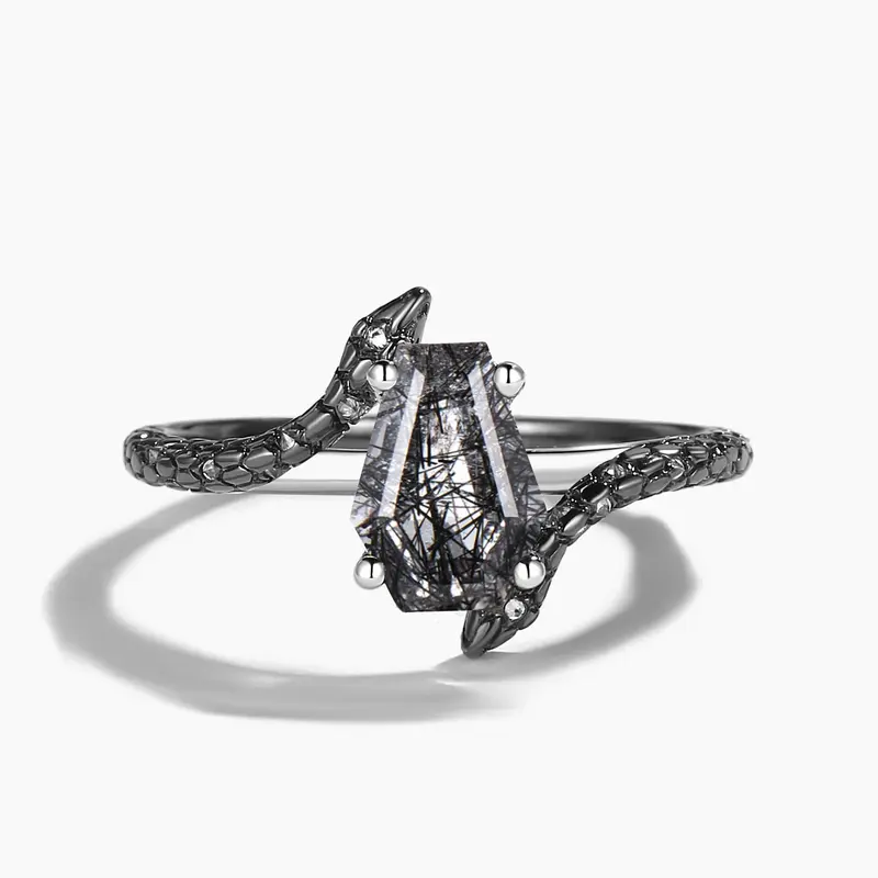 Coffin Cut Natural Black Rutilated Quartz Gothic Snake Wedding Ring