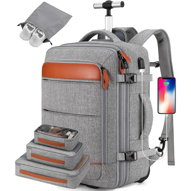 Bagsure Rolling Backpack Large Capacity for Men and Women, Travel Backpack with Wheels, 17.3 Inch Carry-On Durable Luggage Ba...