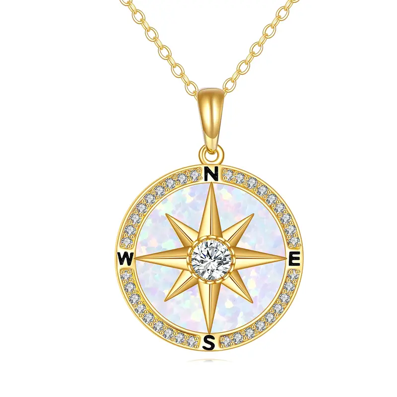 14K Gold Cubic Zirconia & Moissanite & Opal Compass Pendant Necklace