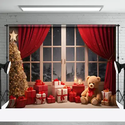 Aperturee Snow Night Warm Room Window Scene Christmas Backdrop - Aperturee