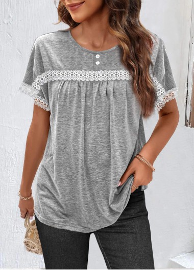 Modlily Light Grey Marl Ruched Short Sleeve T Shirt - L
