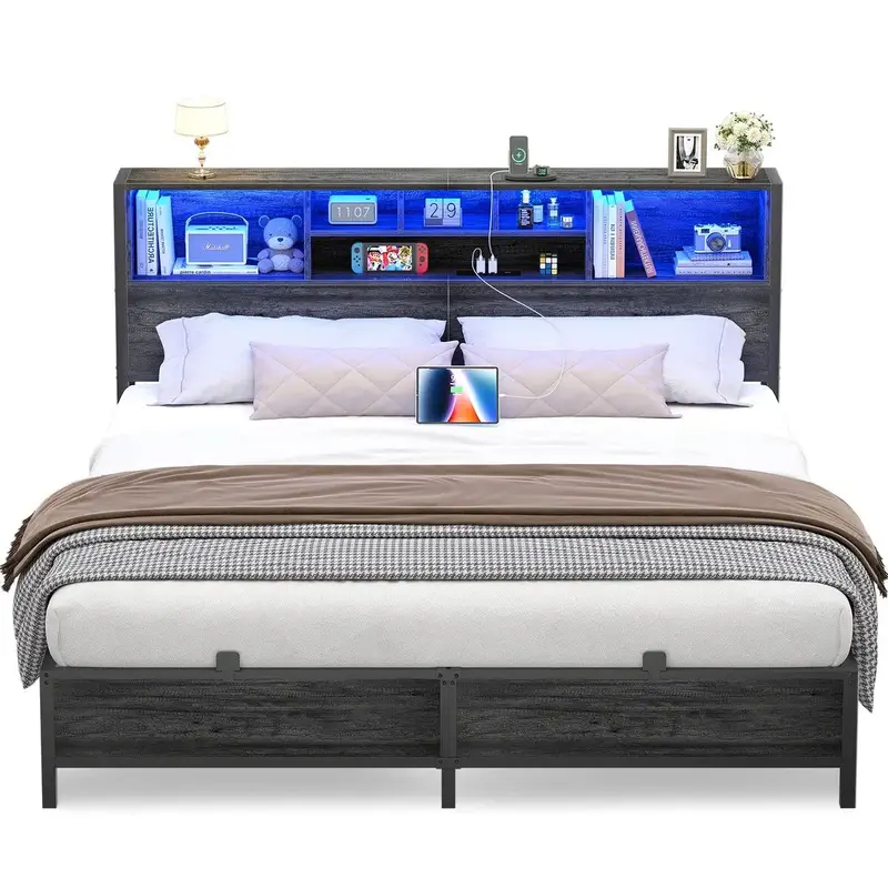 Metal Platform Bed Frame with Bookcase Headboard, Built-In Charging Station, and Adjustable LED Lights – Sturdy, No Box Spr...