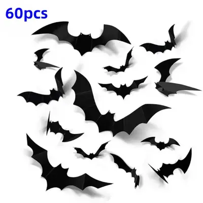 Bat Shaped Wall Sticker, 60pcs/set 3D Bat Wall Decal, Halloween Wall Art Decoration for Home Living Room Bedroom Hotel School
