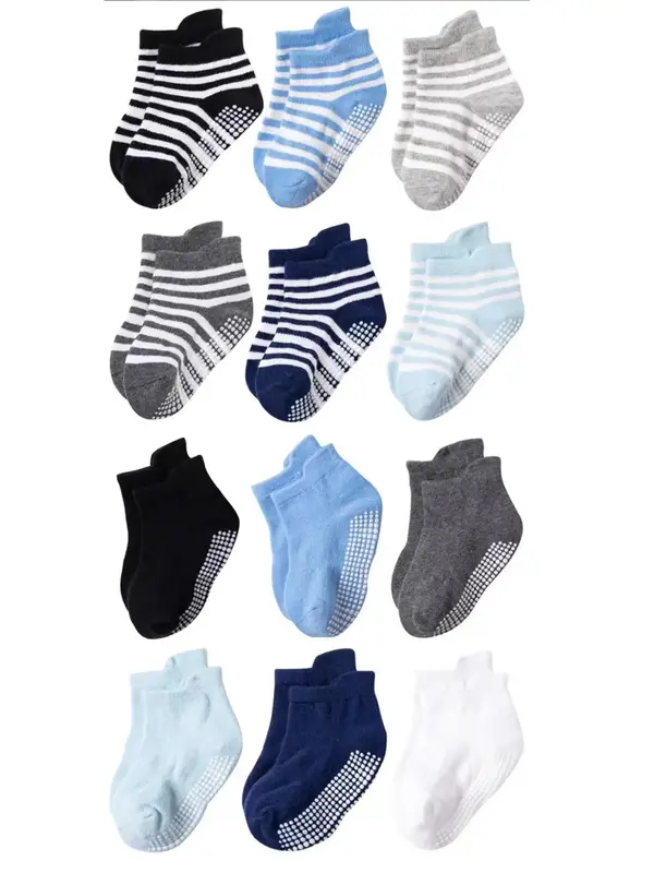 Boy's 12 Pairs Striped Print Non-Slip Crew Socks, Soft Breathable Comfortable Socks for Boys, Casual Kids Socks for All Seaso...