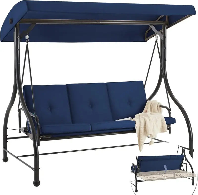 AECOJOY Outdoor Patio Swing Bed with Adjustable Backrest & Canopy 2-in-1 Convertible Patio Swing Set Standing Swing for Comfo...