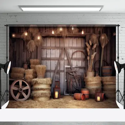 Retro Rustic Wooden Barn Door Hay Cowboy Backdrop - Aperturee