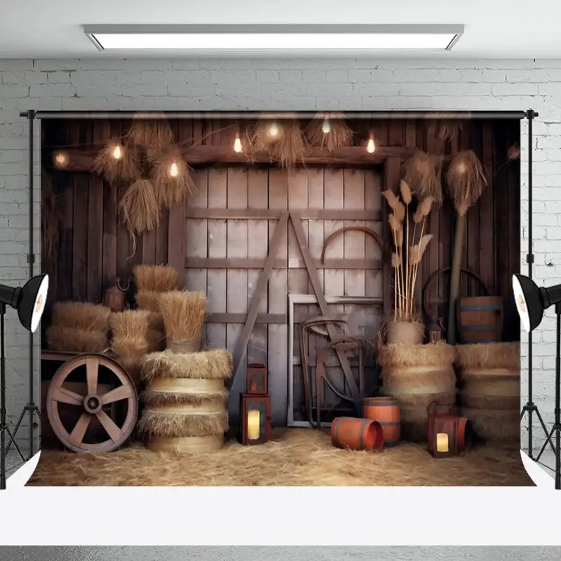 Retro Rustic Wooden Barn Door Hay Cowboy Backdrop - Aperturee