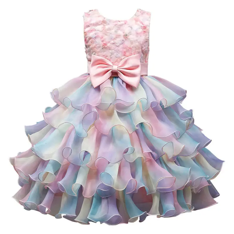 Ruffle Rainbow Tulle Bow Kids Dress For Photo Shoot - Aperturee