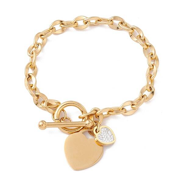 Crystal Rhinestone Heart and Bar Charm Bracelet with Cable Chains