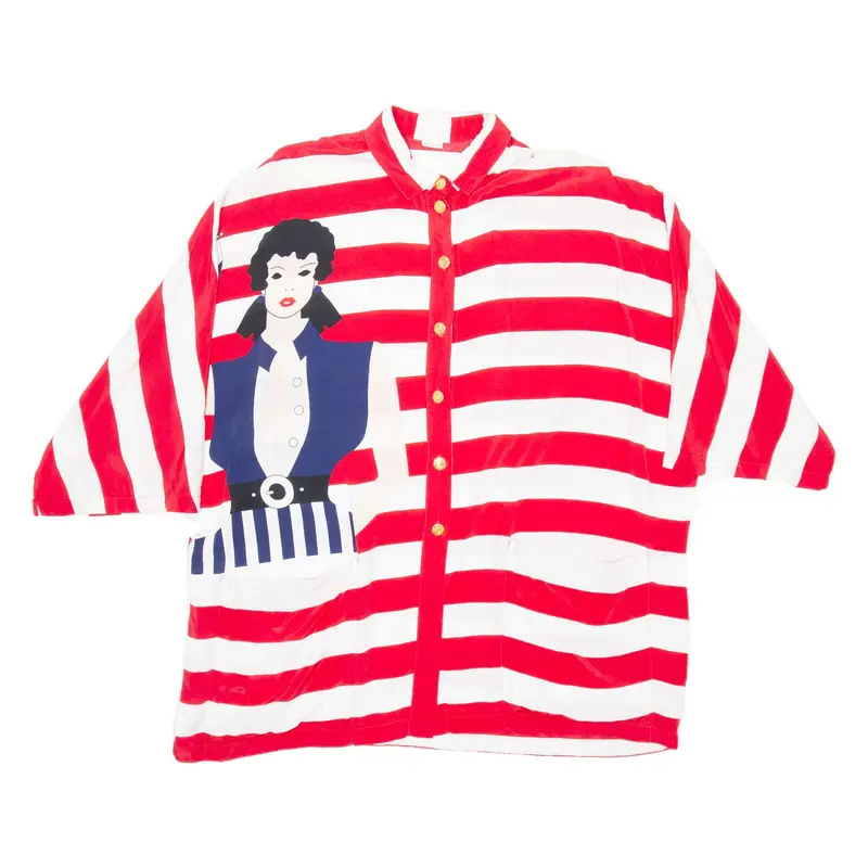 BELLADONNA Womens Blouse Shirt Red Collared Silk Striped L