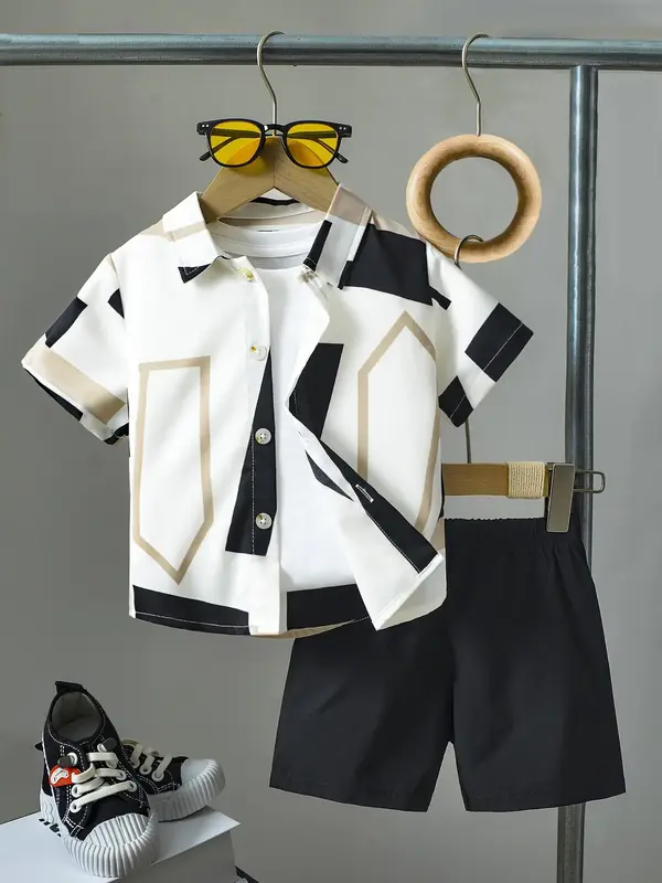 Two-Piece Set Boy's All Over Print Button Front Shirt & Plain Elastic Waist Shorts Set, Casual Short Sleeve Collared Top & Sh...