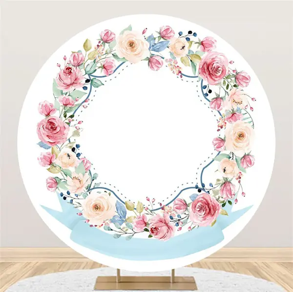 White Wall Pink Floral Round Backdrop For Birthday - Aperturee