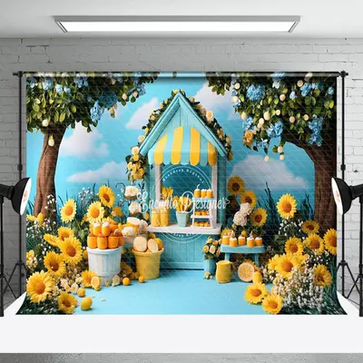 Aperturee Blue Sky Lemonade Stand Floral Summer Photo Backdrop - Aperturee