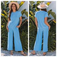 DEAR LOVER Women's Solid Color Corded Short Sleeve T Shirt and Wide Leg Pants Set,Comfortable Two Piece Set,Lounge Set