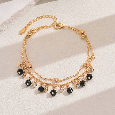Fashionable Vintage Beach Style Brass Cubic Zirconia Double Layer Tassel Ball Adjustable Ladies Anklets