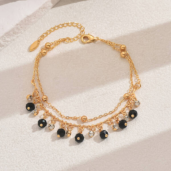 Fashionable Vintage Beach Style Brass Cubic Zirconia Double Layer Tassel Ball Adjustable Ladies Anklets