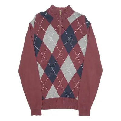 TOMMY HILFIGER Mens Patterned Jumper Maroon Argyle 1/4 Zip Tight Knit M