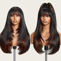 Long Straight Layered Wig with Bangs, Glueless Highlight Black and Brown Synthetic Bangs Wig, High Temperature Fiber Pixie Cu...