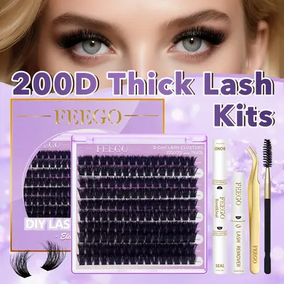 FEEGO 200D Lashes Extension Kit Thick Eyelash Extension Kit 10-20mm Lash Clusters Individual Eyelashes Kit With Lash Bond and...