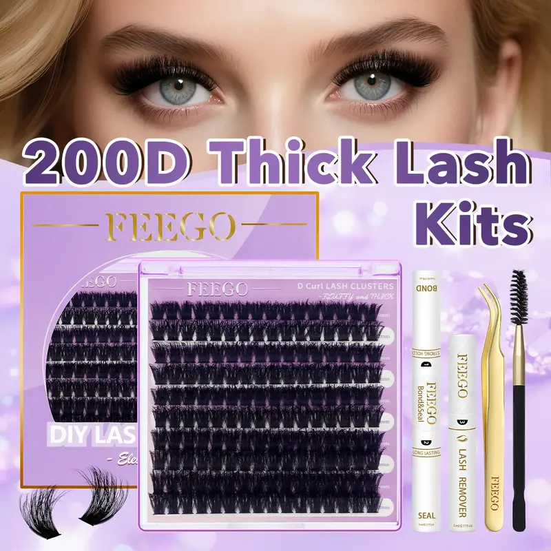 FEEGO 200D Lashes Extension Kit Thick Eyelash Extension Kit 10-20mm Lash Clusters Individual Eyelashes Kit With Lash Bond and...