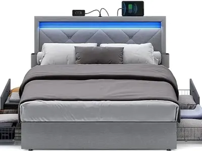 SONGMICS HOME LED Bed Frame Queen Size with Headboard and 4 Drawers, 1 USB Port and 1 Type C Port, Adjustable Upholstered Hea...