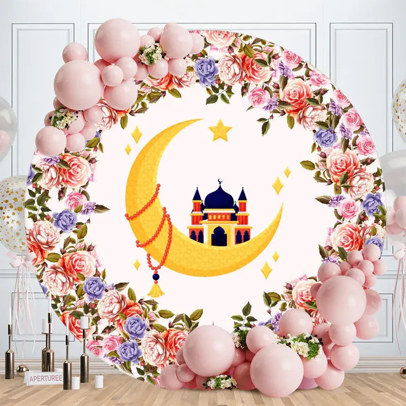 Aperturee Circle Moon Castle And Floral Girls Birthday Backdrop