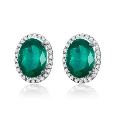 18K White Gold Circular Shaped Emerald Round Stud Earrings
