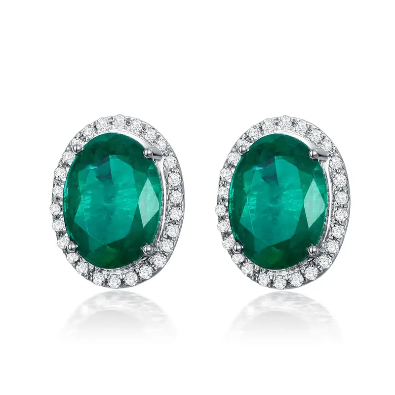 18K White Gold Circular Shaped Emerald Round Stud Earrings