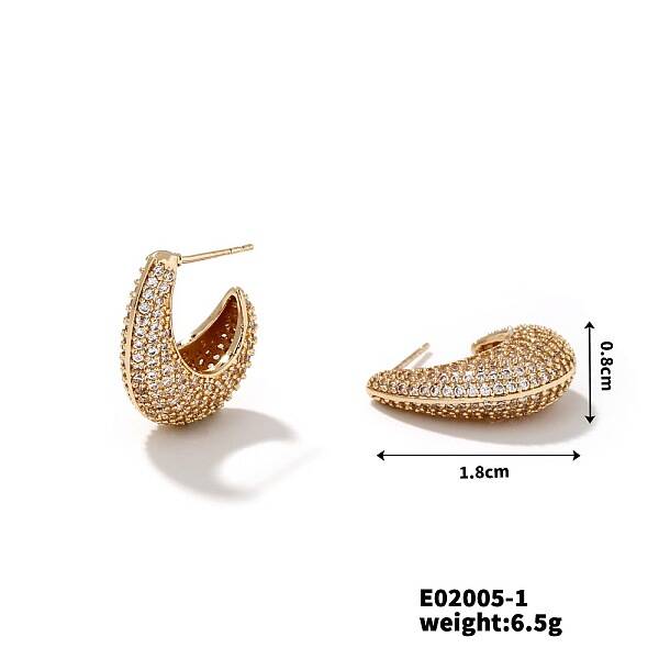 Retro Copper U-shaped Geometric Stud Earrings with Zirconia for 2024