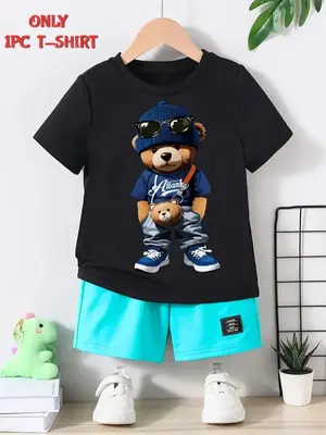 Boys' Cartoon Bear Print Tee, Casual Soft Comfy Short Sleeve T-shirt for Summer, Kids Clothes for Daily Wear