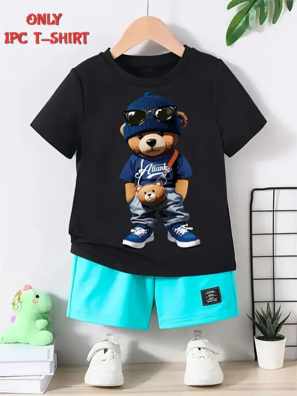 Boys' Cartoon Bear Print Tee, Casual Soft Comfy Short Sleeve T-shirt for Summer, Kids Clothes for Daily Wear