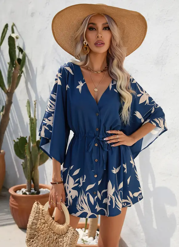 Floral summer dress everyday casual dresses with sleeves Print Five-Quarter Sleeve Dress