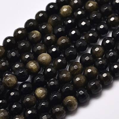 Faceted Round Natural Golden Sheen Obsidian Beads Strands