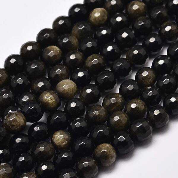 Faceted Round Natural Golden Sheen Obsidian Beads Strands