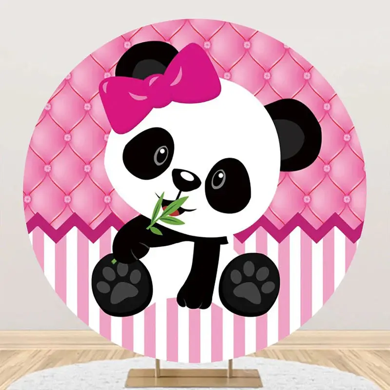 Pink White Stripe Panda Round Baby Shower Backdrop - Aperturee