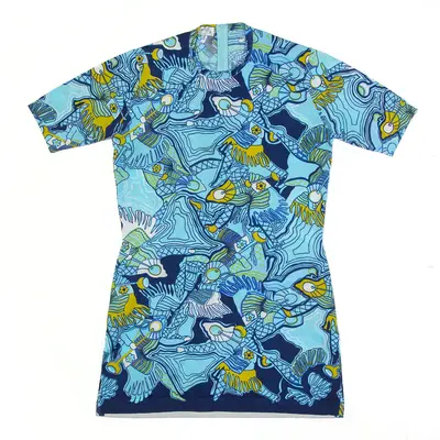 MONTAGUT Blue Crazy Pattern Short Short Sleeve T-Shirt Dress Womens UK 8