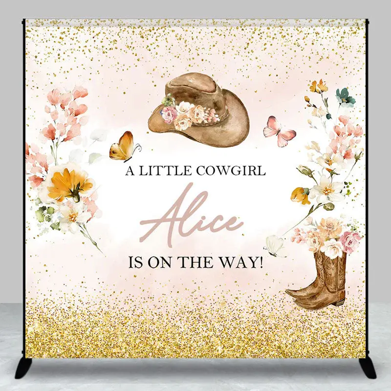 Custom Flowers Cowgirl Glitter Baby Shower Backdrop