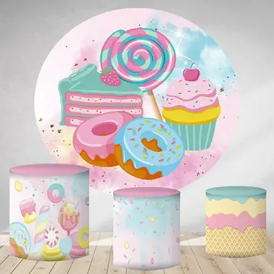 Aperturee Sweet Pink Candy And Cake Round Birthday Party Backdrop | Round Party Backdrop | Round Birthday Backdrop Cover | Bi...