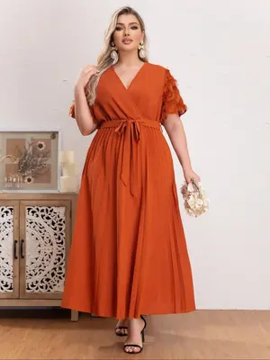 Plus Size Plain Belted Pleated Wrap Butterfly Sleeve Dress,Ā Summer Clothes Women, Elegant Vintage V Neck Short Sleeve A Line...