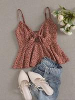 Women's Ditsy Floral Print Twist Front Crop Cami Top, Boho Shirred Peplum Hem Spaghetti Strap Top for Summer, Ladies Clothes ...